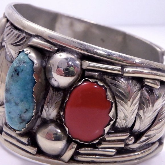 Sterling Silver Navajo Southwestern Turquoise and Coral Cuff Bracelet - Picture 3 of 6